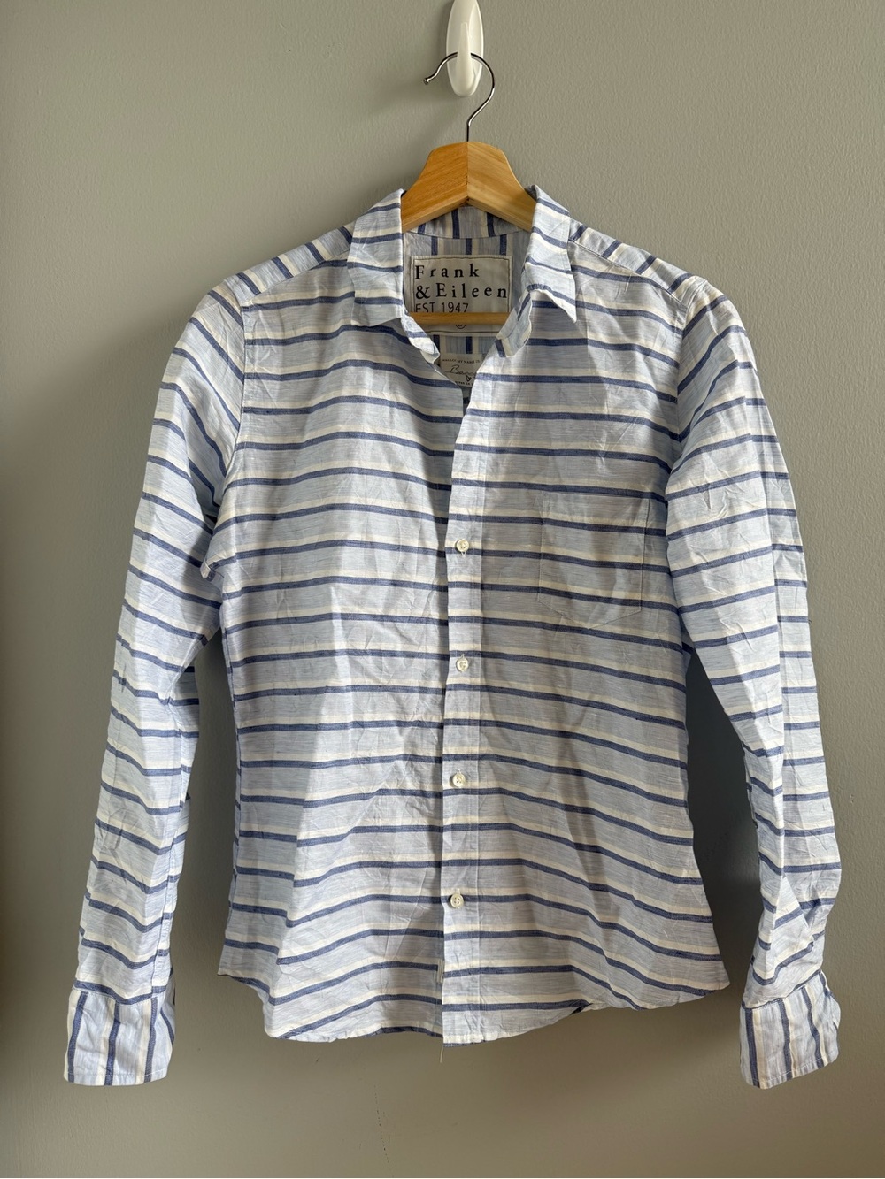 Frank & Eileen woven cotton button up in blue stripes